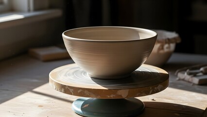 Ceramic bowl on pottery wheel in workshop studio with natural light