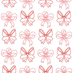 Obraz premium Seamless two-tone outline pattern with elegant tied-up fluffy bows. Red, pink graphic texture in the form of lines is perfect for decorating gift paper, festive fabric, invitations or festive