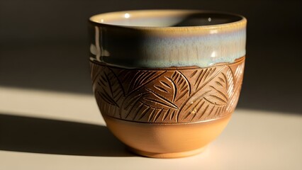 Ceramic cup with leaf pattern in warm light isolated on white background