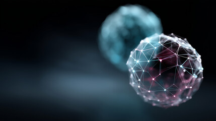 An abstract futuristic background featuring two large spherical forms constructed from wireframe grids and interconnected plexus lines. The spheres are composed of glowing nodes an