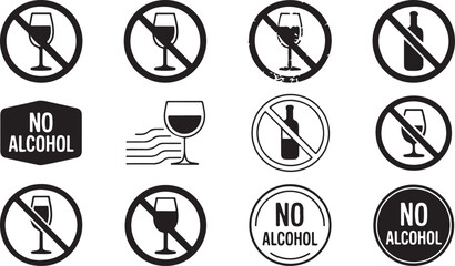 Collection of No Alcohol and No Drinking Icons and Symbols prohibition forbidden