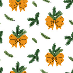 Seamless pattern with orange bows and scattered pine tree branches. Flat style print, ideal for holiday wrapping paper, festive fabric, or digital background design
