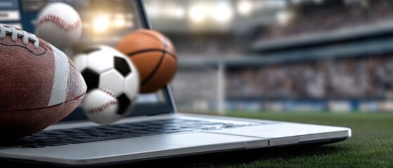 Obraz premium Online sports betting platform shows different sports symbols around a laptop during an event in a blurred stadium background