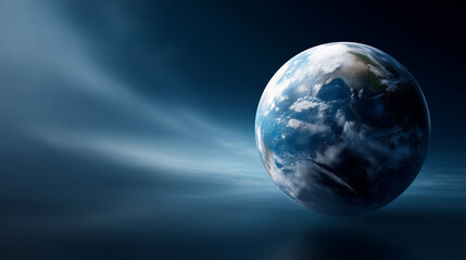A detailed 3D rendering of a blue planet floating in deep space, viewed from above with visible continents, oceans, and atmospheric clouds forming a circular motion around the glob