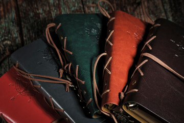 vintage colorful leather cover note-book or diaries for present ide, personal therapy, travel and sailing memories