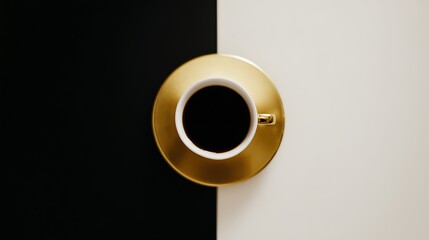 topdown. Minimalist coffee cup on a sleek gold-black surface, embodying simplicity and modern design. bar promotions, beverage menus, designed for product packaging and bar promotions.