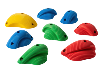 ultra-detailed macro shot of professional natural wooden climbing holds in saturated primary colors, isolated on a stark white background, emphasizing texture and ergonomic shapes. concept of active