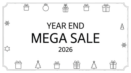Year end mega sale banner with gifts and trees