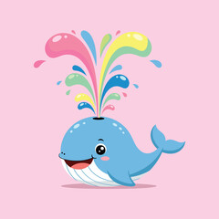 Naklejka premium Adorable cartoon whale playfully spouting a colorful water fountain splash