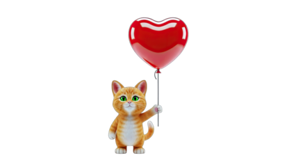 Cute Cat Holding Heart Balloon on White Background