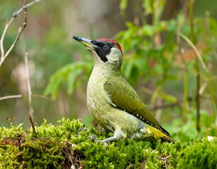 A vibrant, green woodpecker with a red crown perches on moss-covered wood in a forest setting, looking alert