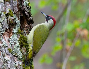 A vibrant green woodpecker perches on a moss-covered tree, its red head and neck contrasting the bark