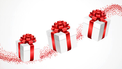 Three Gift Boxes in a Row with Red Confetti Swirl on White Background