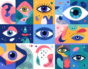 A vibrant grid of abstract art pieces, each featuring a stylized eye with diverse backgrounds and colors