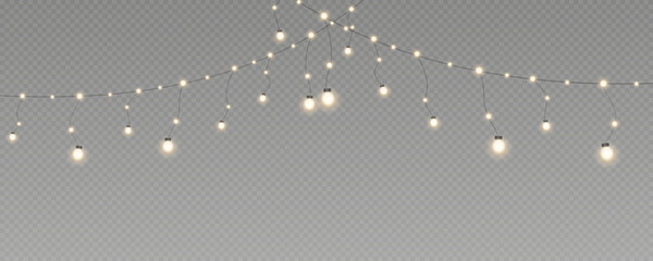 Christmas garland isolated on transparent background. Glowing colorful light bulbs with sparkles.Xmas, New Year, wedding or Birthday decor. Party event decoration. Winter holiday season element.	
