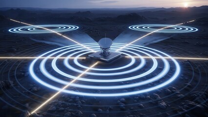 A satellite dish emits glowing blue waves and light beams across a vast, dark landscape, representing advanced global communication and network technology.