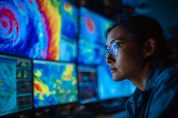 Focused meteorologist analyzing weather patterns on multiple screens in a dark control room, concept for weather forecast, climate change analysis anddisaster management