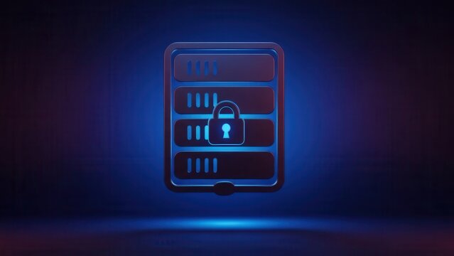 A stylized 3D render of a secure server rack icon, featuring a glowing padlock symbol on a dark blue and purple background, representing data protection and cybersecurity. - Powered by Adobe