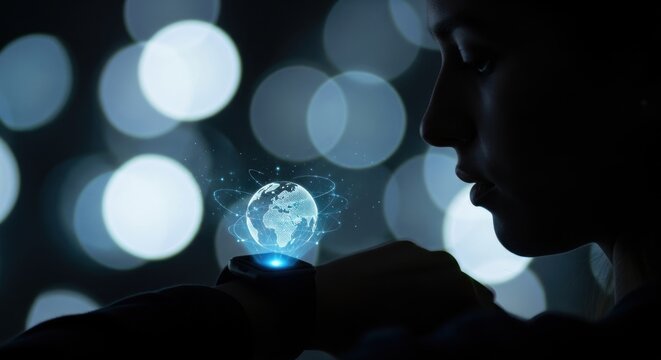 Woman viewing holographic earth projection from smartwatch in dark setting - Powered by Adobe