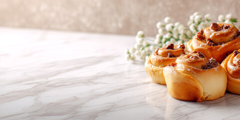  fluffy cinnamon rolls on light marble surface with soft shadows and appetizing glossy topping in premium bakery style
