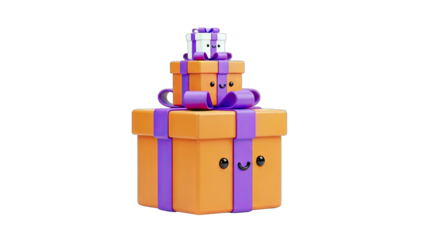 Cute Stacked Gift Boxes with Smiling Faces on White Background