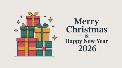 Merry Christmas and Happy New Year 2026 celebration with gifts