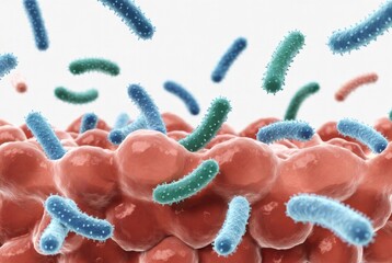 Symbiotic Balance Illustration: Probiotic strains interacting with gut lining
