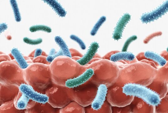 Symbiotic Balance Illustration: Probiotic strains interacting with gut lining
