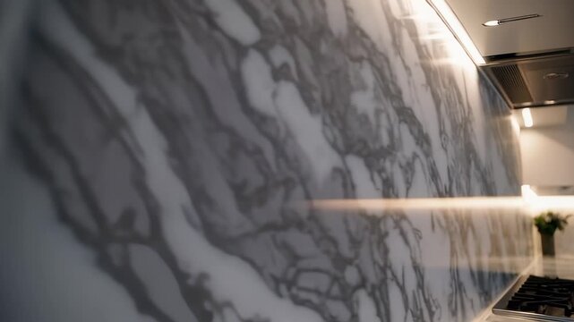 Modern white kitchen with marble backsplash and sleek lighting transition