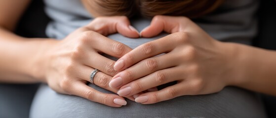 Young pregnant woman lies in bed with a headache, clutching her belly at home during pregnancy while expressing discomfort and care for her baby