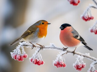 Two colorful bird, a robin and a bullfinch, perched on a frozen branch with red berries. Winter wildlife for nature calendar or greeting card.