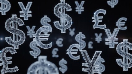 Abstract digital wireframe currency symbols like the Dollar, Euro, and Yen float against a dark background, symbolizing global finance, modern economics, and technological wealth.