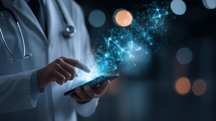 Close-up of a male doctor using a smartphone with a digital network overlay. Concept for telemedicine, healthcare technology and medical research