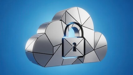 A secure metallic cloud icon with an integrated padlock symbolizes robust digital data protection and cybersecurity on a clean blue background.