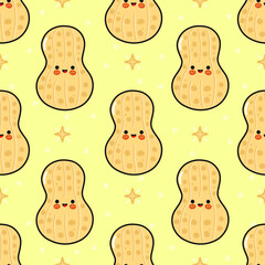 Cute kawaii peanut seamless pattern on yellow background