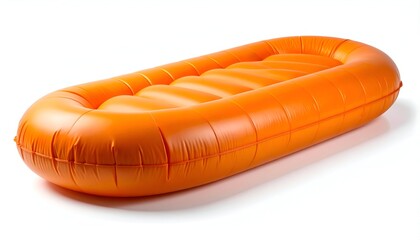 Bright orange inflatable raft with multiple chambers on a white background, studio shot
