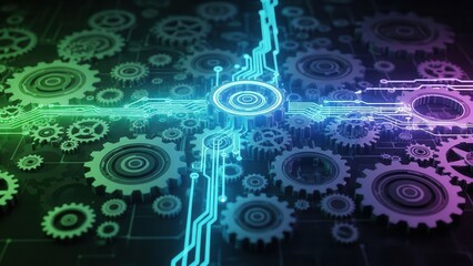 An intricate network of mechanical gears fused with glowing digital circuit pathways illustrates advanced technology, data flow, and industrial innovation.