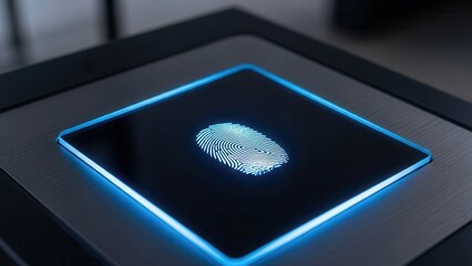 A glowing blue digital fingerprint pattern is displayed on a sleek biometric scanner, symbolizing modern security and advanced technology.