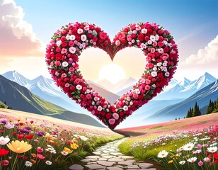 A vibrant heart of roses floats above a blossoming meadow, framed by mountain peaks and a radiant sunset. A stone path leads toward the light