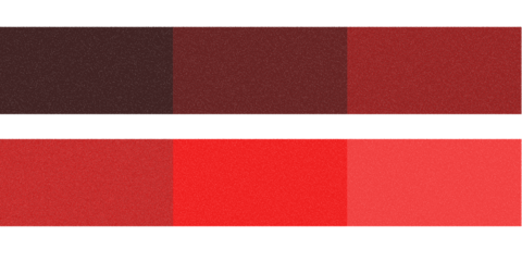 A visual representation of a color palette featuring two rows of six distinct shades of red, ranging from deep maroon to bright red.
