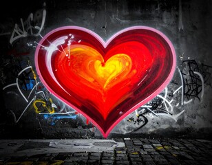 A vibrant heart, painted with gradient colors, stands out against a graffiti-covered, weathered wall. The street-level view adds urban flair