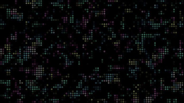 Abstract digital background with glowing pink, purple, yellow, and mint dots in black background, futuristic hi-tech concept