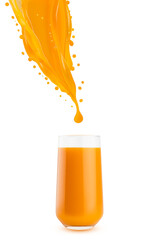 Stream of fresh orange carrot or mango juice pouring into glass with dynamic splashes, flying drops, isolated. Healthy organic drink for design of detox diet menu, fitness cuisine or restaurant, card.