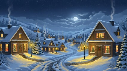 Fototapeta premium Cozy winter village scene under a full moon and starry sky