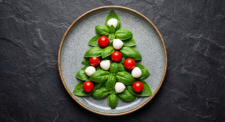 Festive Caprese salad arranged as a Christmas tree on a dark slate background.