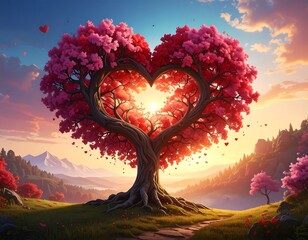 A vibrant, heart-shaped flowering tree at sunset, framed by a scenic landscape of rolling hills and mountains