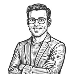 Obraz premium smiling male product manager in glasses and blazer with arms crossed sketch engraving generative ai fictional character raster illustration. Scratch board imitation. Black and white image.