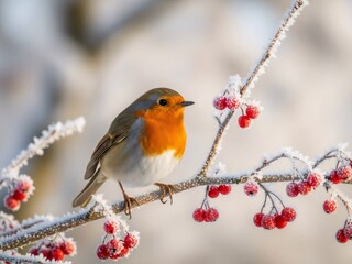 European robin bird perched on a snowy branch with red berries in winter. White Christmas and New Year holiday season concept. Nature and wildlife in cold weather.