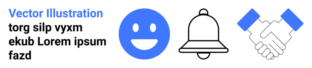 Fototapeta premium Communication, teamwork, alerts, notifications, user interface, engagement. Blue happy face, bell icon and handshake graphic. Communication and teamwork concepts through icons