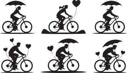Obraz premium Cyclist silhouettes with umbrellas and heart balloons on white background bicycle